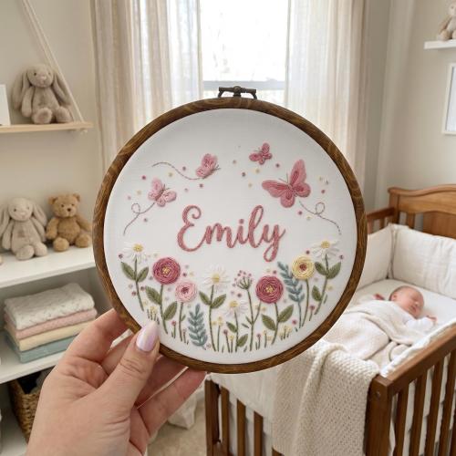 Blossom Meadow Name Hoop, Personalized Floral & Butterfly Embroidery, Nursery Name Sign, Baby Announcement Decor, Handmade Nursery Wall Art
