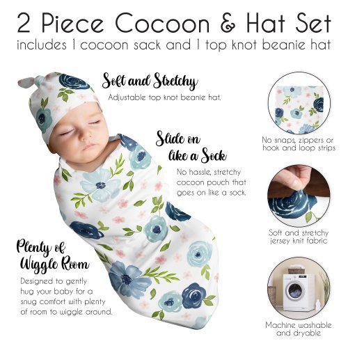 Watercolor Floral Collection Girl Baby Cocoon and Beanie Hat Sleep Sack - 2pc Set - Navy Blue Pink Boho Shabby Chic Rose Flower