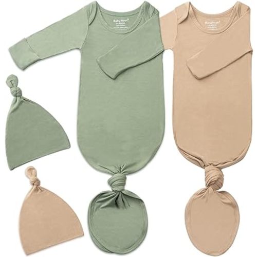 2Pack Knotted Gown Baby, Super Soft Long Sleeve Newborn Hospital Outfit Boy Girl Coming Home, Built-In Mittens Clothes