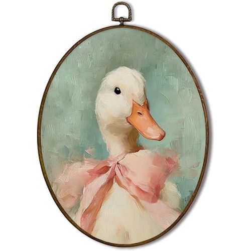 XNXLDYLH Vintage Goose Duck Nursery Oval Framed Wall Art Decor, Bow Nursery Coquette Baby Room Hanging Wall Decor Decorations for Girls, Preppy Girly Canvas Prints Wall Art Paintings, 8.5x11.5 Inch