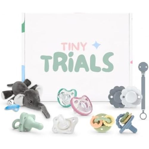 Pacifier Trial Pack Variety Box for Newborns 0–6 Months – 9 BPA-Free Silicone Baby Pacifiers + Pacifier Clip (Dr Brown's, Nuby, Dr. Talbot’s, Chicco, Suavinex) – Baby Registry Must-Have, Tiny Trials
