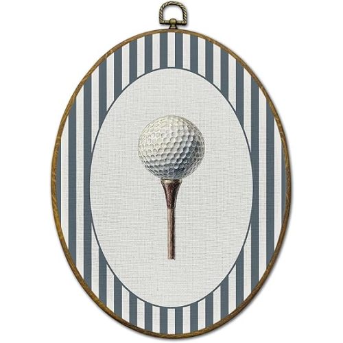 QZQE Vintage Golf Nursery Oval Wall Art Decor Framed, Sports Oval Canvas Prints, Golf Sports Striped Wall Hanging Decor for Kids Boy Nursery Room Bedroom Playroom, 8.6x11.4 Inch