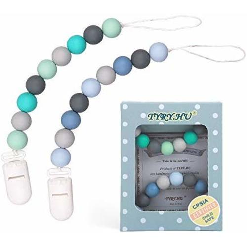Pacifier Clip, TYRY.HU Silicone Teething Beads Binky Teether Holder for Girls, Baby Shower Gift, 2 Pack (Green+Blue) - Green+blue