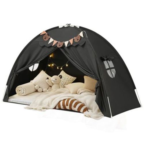 YEERSWAG Twin Bed Tent Black with Bear Pennants & Star Lights – Indoor Play Tent for Kids