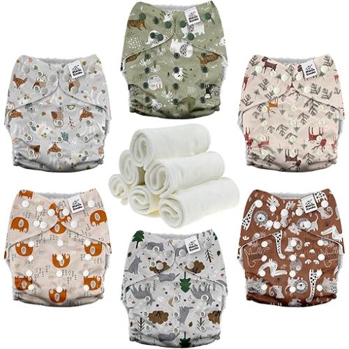 Mama Koala 3.0 Cloth Diapers for Babies with AWJ Lining, 6 Pack with 6 Natural Cloth Diaper Inserts - Reusable and Washable Pocket Diapers (Animals in The Forest)