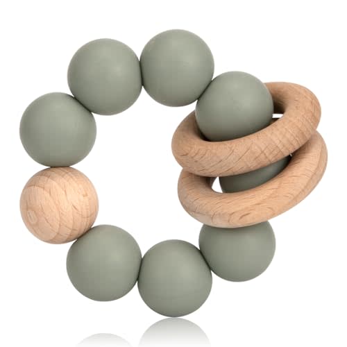 Silicone Baby Teether, Food Grade Silicone & Beech Baby Teething Toy, BPA Free (Olive)