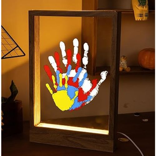 CHERRY CHEERS Family Handprint Kit with Light, Handprint Keepsake Frame, Wooden Led Light, Easy Install, No Need Screw etc, Non-Toxic Paints (Brown)