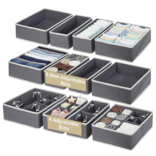 DECOMOMO Drawer Organizer for Baby – 12 Pack Clothes Organizer & Storage Dividers for Nursery, Storage Bins for Underwear, Bra, Socks, Diapers & Newborn Essentials (Grey)