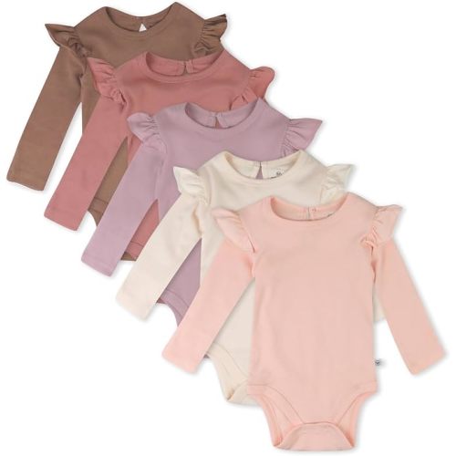 HonestBaby Baby Girls' 5-pack Long Sleeve Ruffle Shoulder Bodysuits 100% Organic Cotton for Infant Baby Girls