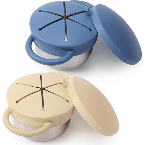 2 Pack Stainless Steel Spill Proof Snack Cup for Baby Toddlers Kids, with Silicone Food Catcher, Travel Lid, Spill-Proof Bowl Containers, Toddlers Essentials, Non Toxic BPA Free