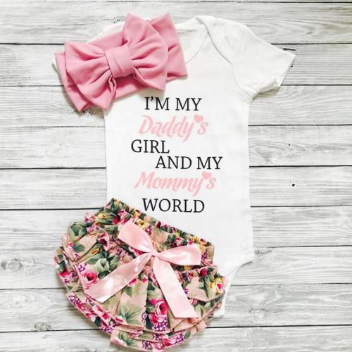 Letter Print Bodysuit & Floral Shorts & Headband Set