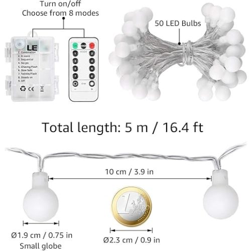Lighting EVER Globe String Lights Battery Operated, 16.4ft 50 LED Small Ball Decorative Fairy Light with Remote and Timer, Hanging for Bedroom, Teen Room, Dorm, Teepee, Balcony, Camping Tent
