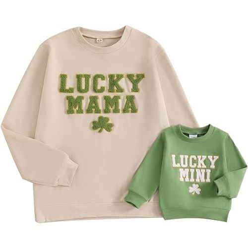 Karuedoo Mommy and Me Outfits St Patricks Day Family Matching Outfits Letter Clover Crewneck Sweatshirt Long Sleeve Shirt Top