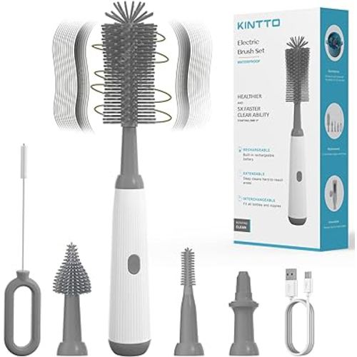 Electric Bottle Brush Cleaner with Rechargeable, Baby Bottle Cleaning Brush Set ,Waterproof Replaceable Nipple and Straw Silicone Brush Grey