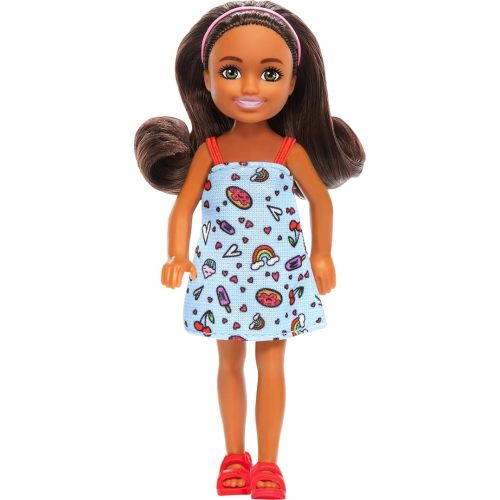 Barbie Chelsea Doll, Small Doll Wearing Removable Blue Dress with Colorful Print & Pink Shoes, Brown Hair & Green Eyes