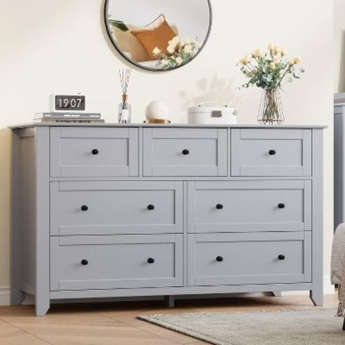 LinTimes 54" Modern 7-Drawer Dresser with Deep Drawers & Metal Knobs, Wooden Storage Chest for Bedroom, Entryway, Hallway, Grey
