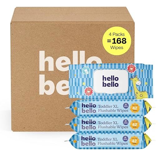 Hello Bello Flushable Wipes, XL Size for Toddler Potty Training, 4pk= 168ct