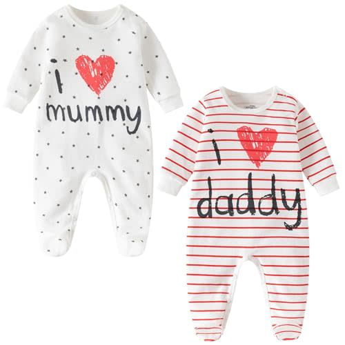 AOMOMO 2-Pack Baby Clothes Newborn Bodysuits I Love Daddy &Mummy Romper, Cotton Footed Pajamas for Baby Boys and Girls