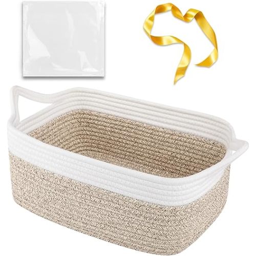 OIAHOMY Woven Basket, Gift Basket Empty with Gift Bags and Ribbons, Rope Baskets for Baby Showers, Storage Baskets with Handles for Nursery, Pet Toy Organizer - Brown & White