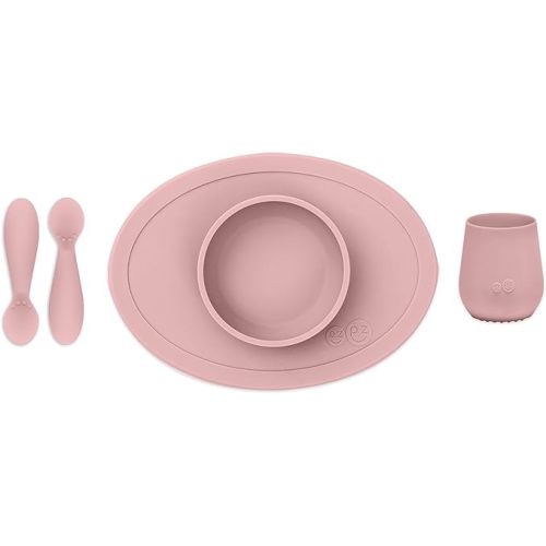 ezpz First Foods Set for Babies – Suctioning Bowl, Cup, & Spoons for Self-Feeding & Fine Motor Skills Development – 100% Food Grade Silicone, Dishwasher Safe – Perfect for 4 Months Plus (Blush)