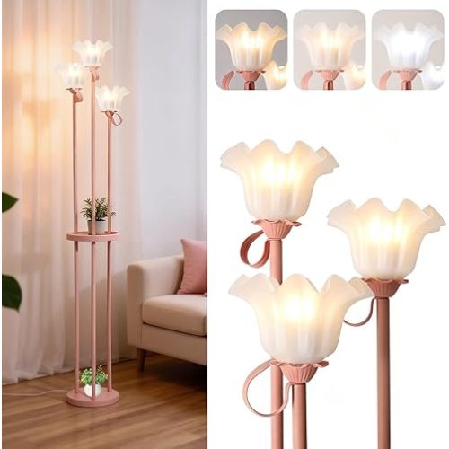 Pink Floor Lamp for Living Room, Flower Floor Lamp with Shelf, Pink Standing Lamp with 3 Bulbs, Flower Tall Lamp with 3 Color Temperature, Foot Switch, Cute Corner Lamp for Bedroom Girls Home