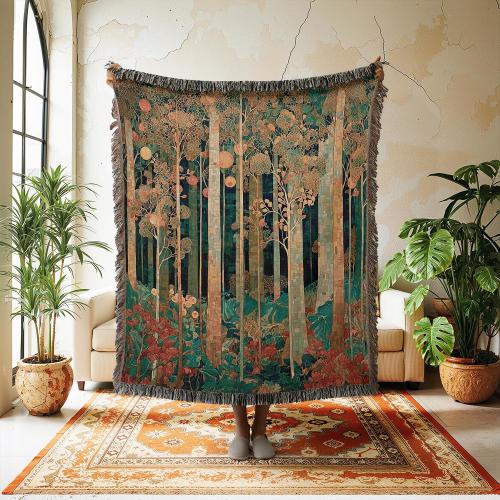 Art Nouveau Forest Woven Blanket, Vintage Artistic Style Tapestry, Enchanted Tree Wall Art, Dark Academia Jacquard Throw, Woodland Decor