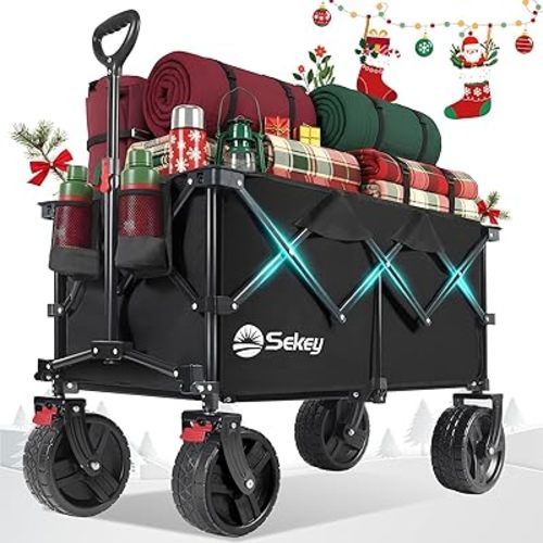 Collapsible Wagon Cart with Big All-Terrain Beach Wheels, Foldable Heavy Duty Wagons with Cup Holders, Utility Carts for Camping, Garden, Outdoor, Grocery, Sports. Black