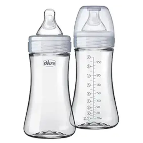 Chicco Duo 9oz Hybrid Baby Bottle, Real Glass Inside, Lightweight Plastic Outside, Patented Invinci-Glass Technology, Intui-Latch Nipple, 2-Pack, Clear/Grey