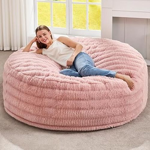 Hobestluk Bean Bag Chairs Beanbag Chair with Filler Adult Bean Bags with Fluffy Ripple Cover, Giant Bean Bag Chairs for Adults (Pink, 5FT - 50" x 50" x 24")