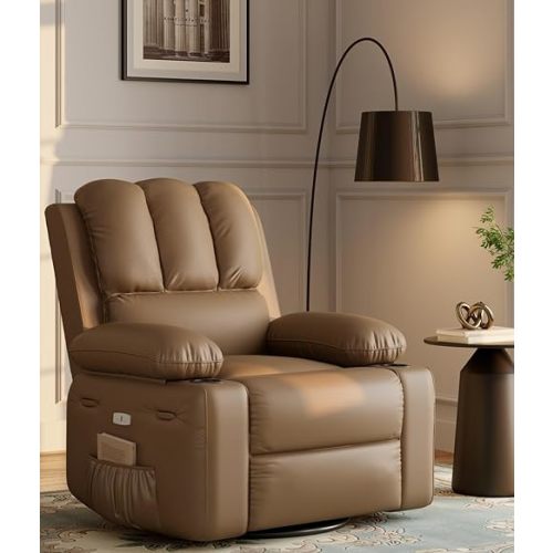 Oversized Power Recliner Chairs with Massage and Heat - 360° Swivel Faux Leather Rocking Chair for Adults with Cup Holder for Living Rooms, Bedrooms, and Nurseries - Tan