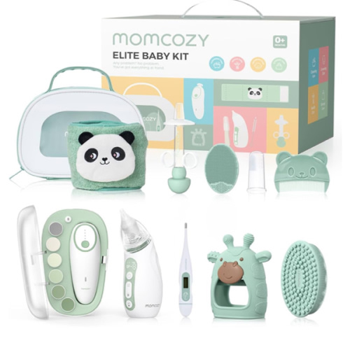 Momcozy Elite Baby Kit, Superior Baby Shower & Registry Essential Kit for Grooming & Health & Cleansing Care, Electric Nail File & Nasal Aspirator,Tummy Wrap,Thermometer,Bath Brush,Teether,Storage Bag