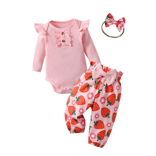 Newborn Baby Girl Clothes Long Sleeve Ruffle Romper Strawberry Print Pants Headband Set Pink 6-9 Months