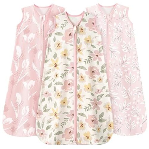 Baby Sleep Sack 6-12 Months 3 Pack 100% Cotton Lightweight 0.5 TOG Wearable Blanket Baby Sleep Bag with 2-Way Zipper for Newborn Infant Pink Flowers & Leaf