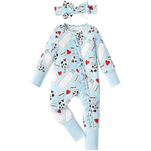PATPAT Baby Girl Boy Footie Clothes, Soft Viscose from Bamboo, 2-Way Ruffled Zipper, Fold-Over Mittens & Cuffs with Headband