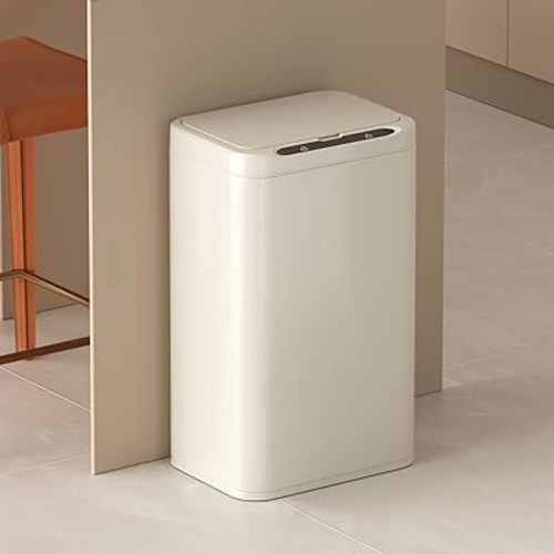 ELPHECO Stainless Steel Office Trash Can Motion Sensor Garbage Can Touchless Smart Trash Can Automatic Waste Bin for Kitchen, Office, Bathroom (Cream Beige, 6.6 Gallons), 2AA