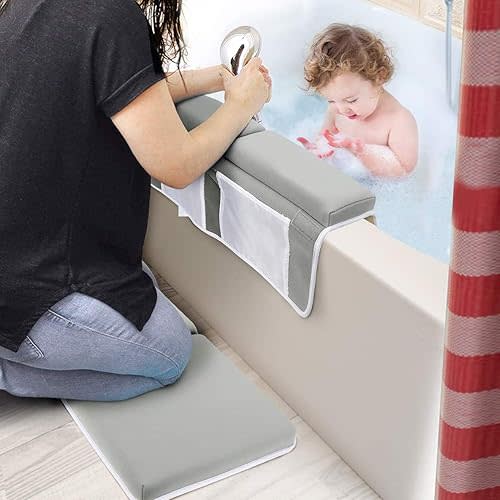Alomejor Baby Bath Kneeler and Elbow Rest Pad Set with Toy Organizer Baby Bath Support Knees and Elbows for Bathing (Light Grey)