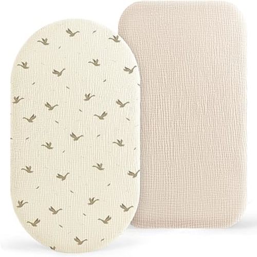 Bearmoss Bassinet Sheets - 2 Pack Muslin Cotton Bassinet Sheets Fits Oval and Rectangle Bassinet Mattress, Breathable and Skin-Friendly for Baby Boy and Girl (Goose)