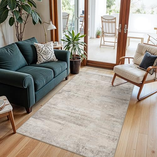 Area Rugs 4x6 for Living Room - Washable Modern Abstract Bedroom Rugs with Non Slip Rubber Backing Indoor Low Pile Carpet for Kitchen Office Nursery Home Decor Floor Mat for Bathroom 4x6 Beige