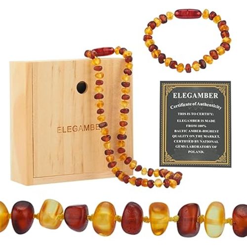 Handmade polished amber necklace Set -100% Certified and Authentic Baltic Amber - Genuine Amber Beads, 12.5+5.5 inches (red&cognac suit)