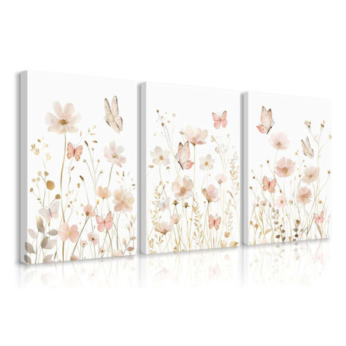 East Urban Home Boho Floral Wall Art Vintage Nursery Wildflower Canvas Wall Decor Watercolor Flower Prints Botanical Poster Butterfly Pictures Floral Painting For Bedroom 16X24 Inch Ready To Hang 3Pcs | Wayfair