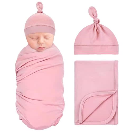 Dizila 2pcs Soft Stretchy Nursery Baby Girl Boy Newborn Receiving Swaddle Blanket with Matching Turban Hat Beanie (Pink)