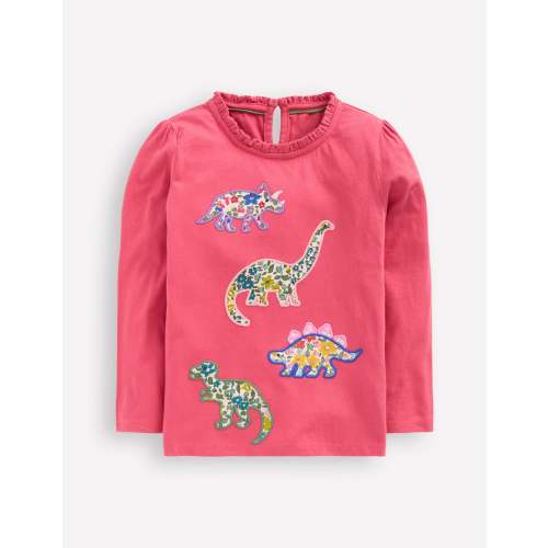 Frill Neck Appliqué T-shirt-Rose Pink Dinosaurs