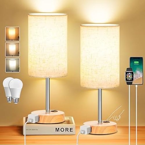 ZJOJO Table Lamp for Bedroom Set of 2, Bedside Small Lamps with 3 Way Dimmable Rocker Switch & AC Outlet, Nightstand Desk Lamp with Flaxen Fabric Shade Woodgrain Base for Living Room Home Decor Lights