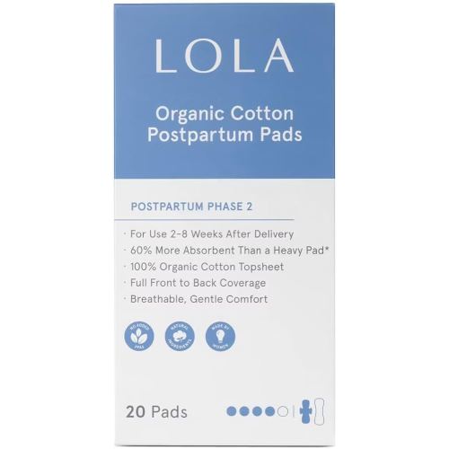LOLA 100% Organic Cotton Postpartum Pads - 20 Count, Ultra Absorbent and Extra Long Pads, Overnight and Full Coverage, Adult Incontinence Pad for Women, Postpartum Essentials Phase 2