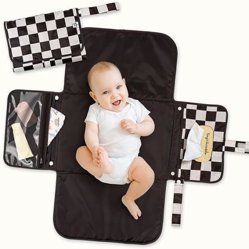 Tiny Twinkle Portable Diaper Changing Pad | Waterproof, Wipeable & Compact Baby Changing Pad for Travel | Smart Wipes Pocket & Organized Storage| Newborn Shower Gift (Black Checkers)