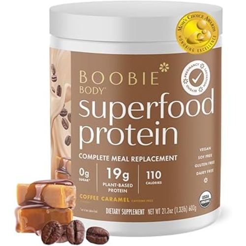 Boobie Body Superfood Protein Pregnancy and Postpartum Meal Replacement Shake, Coffee Caramel Flavor | 19g Protein | Safe for Lactation & Motherhood | Organic, Vegan, Zero Sugar, 1 Tub (20 Servings)