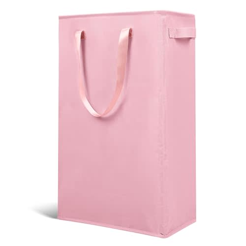 Odonata Slim Laundry Hamper Handles Collapsible Laundry Basket Thin Dirty Clothes Basket Narrow Laundry Bag Foldable Dirty Hamper 45L (Pink)