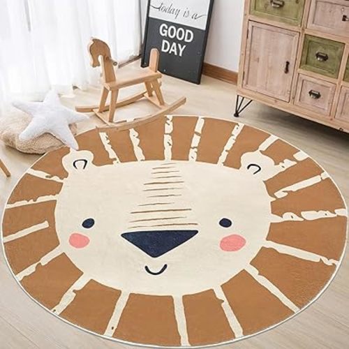 ABREEZE Large Round Kids Play Mat 5.3ft,Lion Nursery Rug Fluffy Faux Wool Kids Rug Soft Plush Non-Slip Childrens Carpet for Bedroom Living Room Playroom,Brown