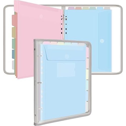 Uquelic Document Organizer, Soft PVC Binder with 12 Colorful Pockets - Zipper Binder 3 Ring with Dividers Letter Size (11'' x 8.5'')-Large Capacity Cute Folder for School, Office & Home Use​ (Grey)