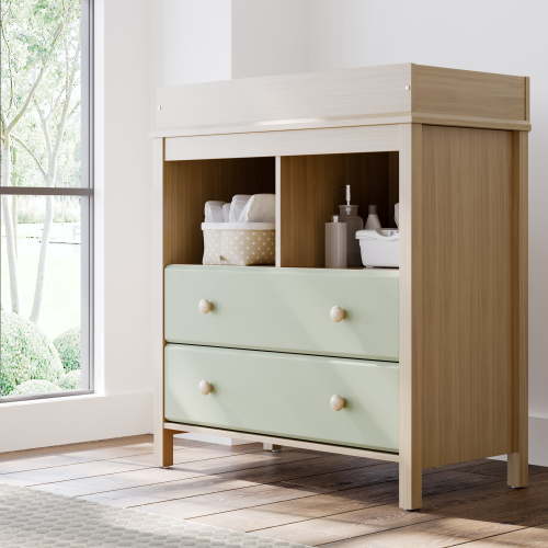Storkcraft Alpine 2-Drawer Infant Changing Table Dresser, Driftwood with Sage